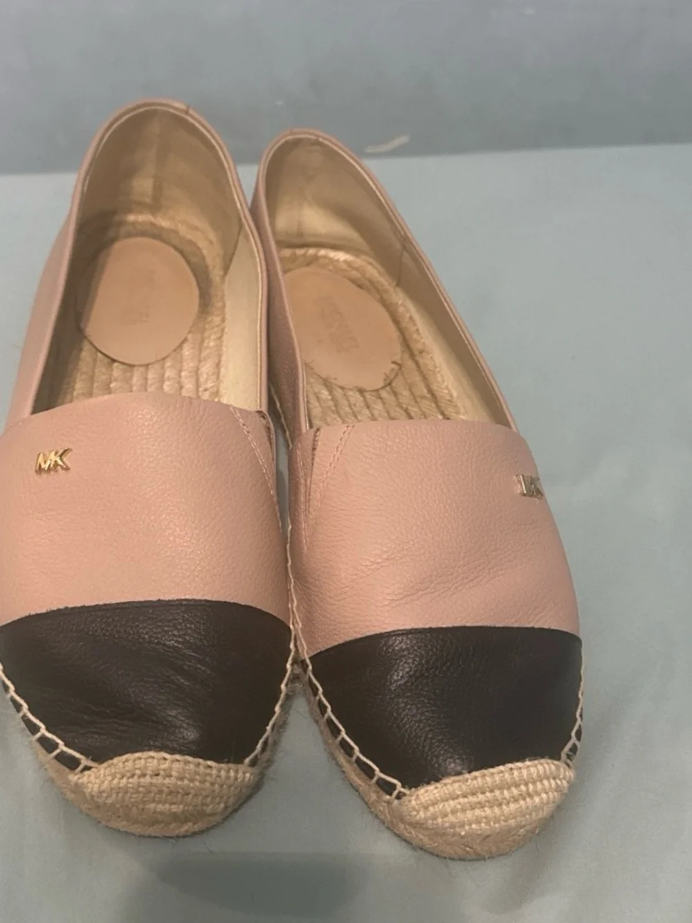 Michael Kors Pink and Black Leather Espadrille Flats with Gold MK Accent